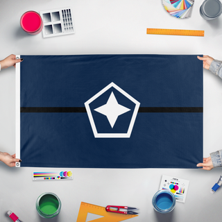 A mockup of the custom flag 'Astrion Federation flag' held up on a table during print checking