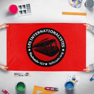 A mockup of the custom flag 'Klasbatalo flag' held up on a table during print checking