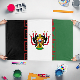 A mockup of the custom flag 'Iraqi National Republic flag' held up on a table during print checking
