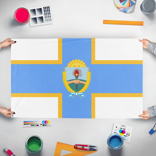 A mockup of the custom flag 'Argentine National state' held up on a table during print checking
