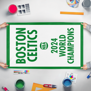 A mockup of the custom flag 'Celtics 2024 flag' held up on a table during print checking
