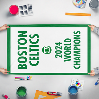 A mockup of the custom flag 'Celtics 2024 flag' held up on a table during print checking