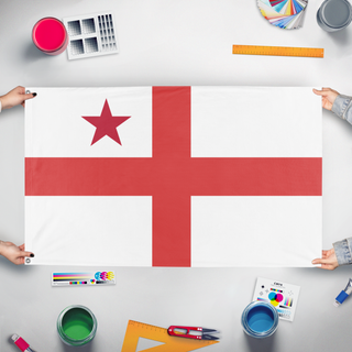 A mockup of the custom flag 'Desk to Desk 2026 flag' held up on a table during print checking