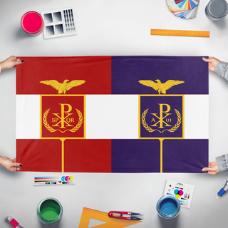 A mockup of the custom flag 'Roman - Byzantine Empire Flag in the Style of Austria-Hungary' held up on a table during print checking