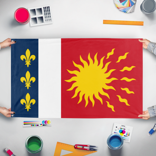 A mockup of the custom flag 'Frankish National State flag' held up on a table during print checking