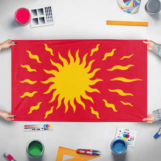 A mockup of the custom flag 'Oriflamme flag' held up on a table during print checking