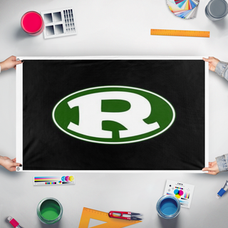 A mockup of the custom flag 'RIDLEY flag' held up on a table during print checking