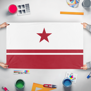 A mockup of the custom flag 'Etayanic Republic flag' held up on a table during print checking
