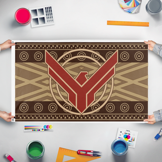 A mockup of the custom flag 'F_Battle flag' held up on a table during print checking