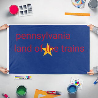 A mockup of the custom flag 'pennsylvania land of the trains flag' held up on a table during print checking