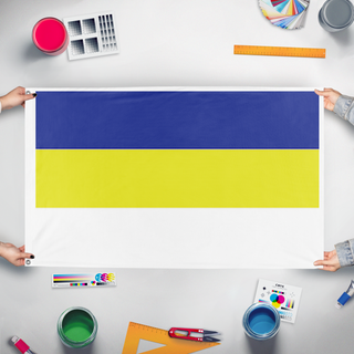 A mockup of the custom flag 'Balkanland flag' held up on a table during print checking