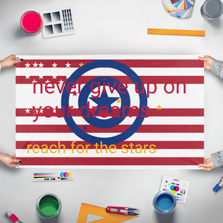 A mockup of the custom flag 'reach for the stars flag' held up on a table during print checking