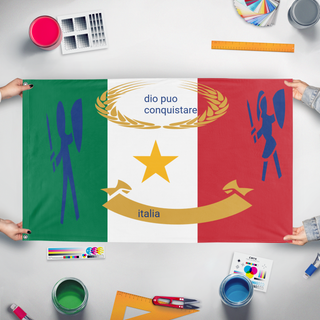 A mockup of the custom flag 'italia  flag' held up on a table during print checking
