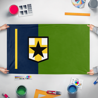 A mockup of the custom flag 'The Lyran Commonwealth flag' held up on a table during print checking