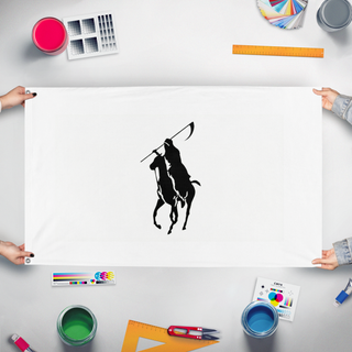 A mockup of the custom flag 'attac flag' held up on a table during print checking