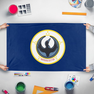A mockup of the custom flag 'OldRebelLoon flag' held up on a table during print checking
