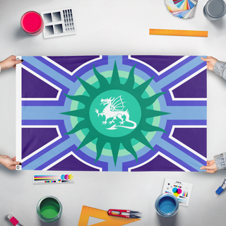 A mockup of the custom flag 'dragon_mlm flag' held up on a table during print checking