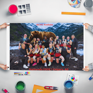 A mockup of the custom flag 'Kodiaks flag' held up on a table during print checking