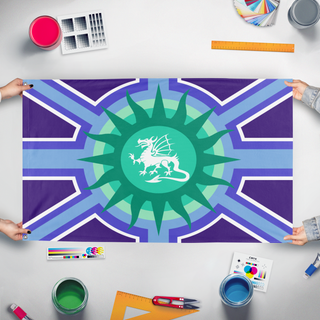 A mockup of the custom flag 'dragon_mlm flag' held up on a table during print checking