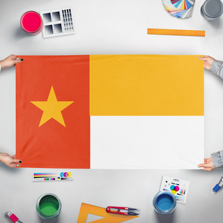 A mockup of the custom flag 'Dexico flag' held up on a table during print checking