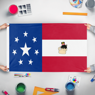 A mockup of the custom flag 'Loaf cat  dean flag' held up on a table during print checking