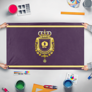 A mockup of the custom flag 'Kingdom of Alronusia flag' held up on a table during print checking