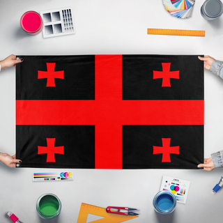 A mockup of the custom flag 'GEBS flag' held up on a table during print checking