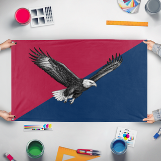 A mockup of the custom flag 'United States in the style of Bhutan flag' held up on a table during print checking
