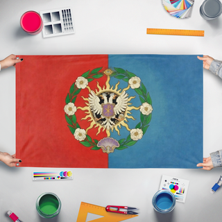 A mockup of the custom flag 'eclipse flag' held up on a table during print checking