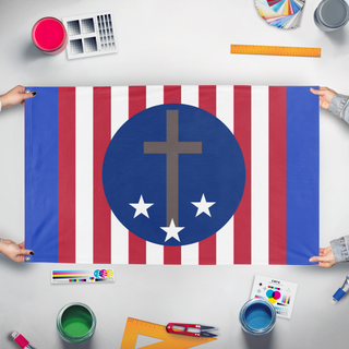 A mockup of the custom flag 'us but holy flag' held up on a table during print checking