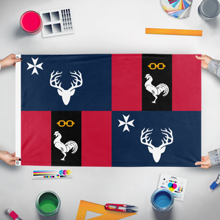 A mockup of the custom flag 'knightspeak flag' held up on a table during print checking