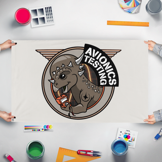 A mockup of the custom flag 'AVIT flag' held up on a table during print checking
