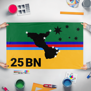 A mockup of the custom flag '1 NSW BDE 25 BN flag' held up on a table during print checking