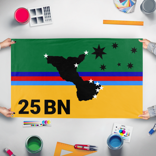 A mockup of the custom flag '1 NSW BDE 25 BN flag' held up on a table during print checking