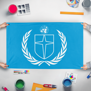 A mockup of the custom flag 'JDMUN flag' held up on a table during print checking