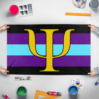 A mockup of the custom flag 'QuantumGender flag' held up on a table during print checking