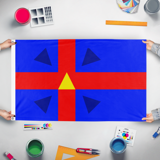 A mockup of the custom flag 'Flammeum Kingdom flag' held up on a table during print checking
