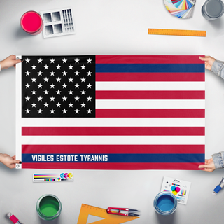 A mockup of the custom flag 'American flag' held up on a table during print checking