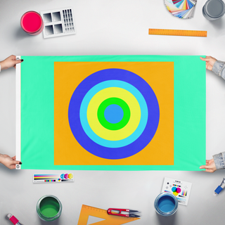 A mockup of the custom flag 'Milo's Flag' held up on a table during print checking