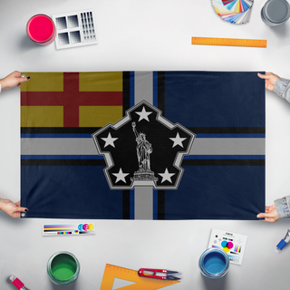 A mockup of the custom flag 'zfb flag' held up on a table during print checking