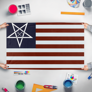 A mockup of the custom flag 'satanic america flag' held up on a table during print checking