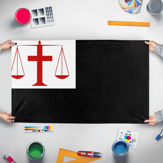 A mockup of the custom flag 'Eternal Family of Babylon flag' held up on a table during print checking