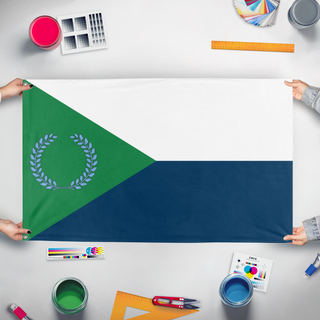 A mockup of the custom flag 'CNA flag' held up on a table during print checking