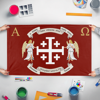 A mockup of the custom flag 'Kingdom of Jerusalem flag' held up on a table during print checking