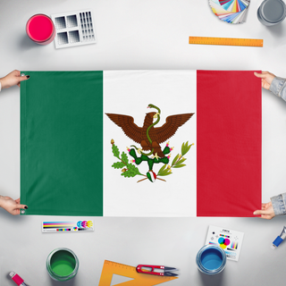 A mockup of the custom flag 'Second Federal Republic of Mexico flag' held up on a table during print checking