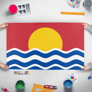 A mockup of the custom flag 'Pacific Ocean Organization flag' held up on a table during print checking
