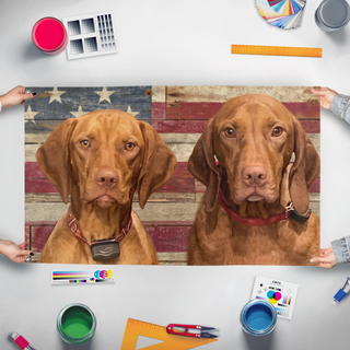 A mockup of the custom flag 'Dogs on US flag' held up on a table during print checking