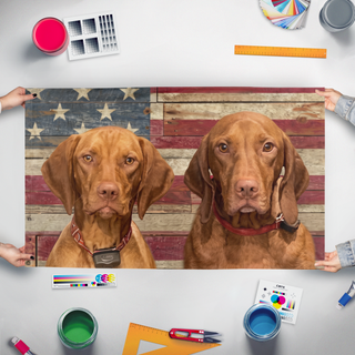 A mockup of the custom flag 'Dogs on US  flag' held up on a table during print checking