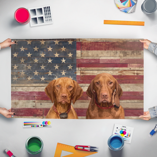 A mockup of the custom flag 'Vizsla United States flag' held up on a table during print checking