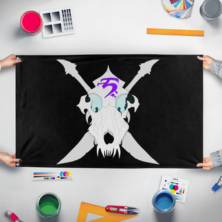 A mockup of the custom flag 'Frostfang flag' held up on a table during print checking
